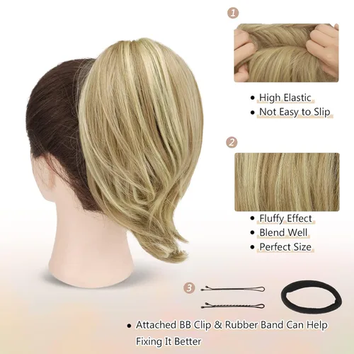 Vista 6 de BARSDAR 2 piezas de cabello de moño desordenado + extensión de moño de cabello lacio, rubio con reflejos