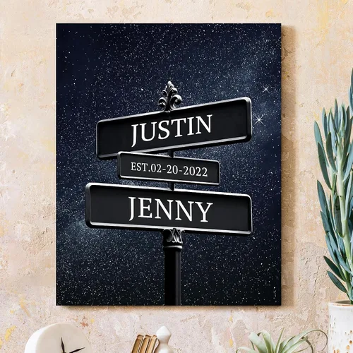 Vista 12 de CP CANVASPATH Letrero de calle con el nombre de la pareja y la fecha, impresiones personalizadas en lienzo del puente de Manhattan por la noche