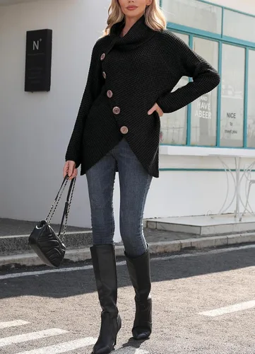 Vista 3 de GRECERELLE - Suéteres de cuello alto con cuello grueso, manga larga, dobladillo asimétrico, sueltos, de punto, para mujer, de otoño, S-2XL 02 negro
