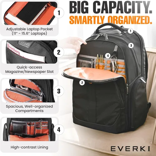 Vista 4 de Mochila EVERKI Atlas para Laptop de Negocios - Mochila para Mujeres o Hombres para el Trabajo, Negro