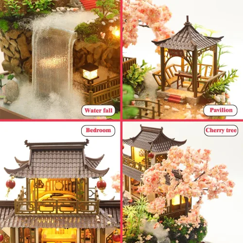 Vista 3 de Yuzhen Casa de muñecas en miniatura con muebles y luces LED, casa de muñecas grande de madera de estilo antiguo incluye cubierta de polvo