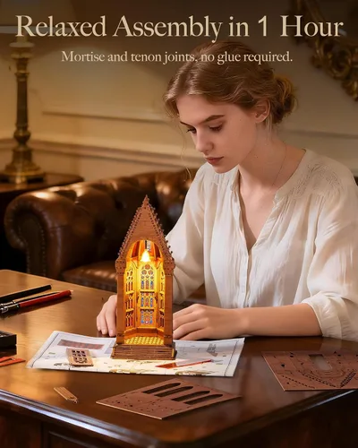 Vista 5 de Rolife Rompecabezas de madera 3D, modelo de arquitectura de catedral de geometría con luces LED, kit de construcción de manualidades para adultos