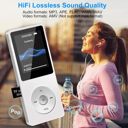 Vista 4 de Aigital Reproductor de MP3 con Bluetooth y tarjeta TF de 32 GB, reproductor de música de alta fidelidad con altavoz y auriculares integrados