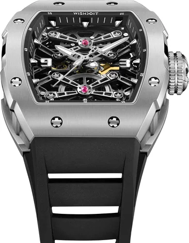 Vista 3 de WISHDOIT Relojes mecánicos automáticos Tonneau para hombre, reloj de pulsera con forma de barril de acero inoxidable plateado estilo deportivo