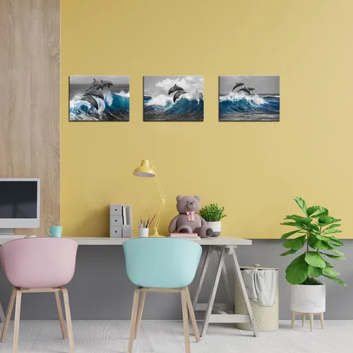 Vista 2 de Biuteawal 3 piezas de arte de pared de delfín gris azul océano océano animal imagen decoración de baño pintura marina impresiones sobre lienzo