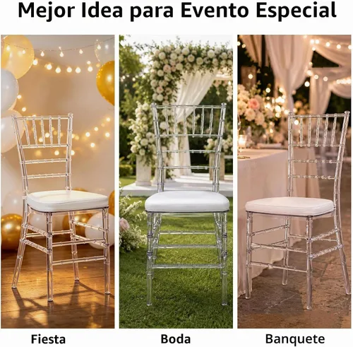 Vista 5 de FOH Juego de 3 sillas Chiavari de acrílico transparente con cojines, silla de comedor de cristal transparente totalmente montada, sillas fantasma