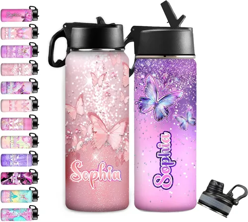 Vista 27 de InterestPrint Botella de agua personalizada para niños de 18 onzas con tapa de pajilla, botella de agua aislada de doble pared de acero inoxidable