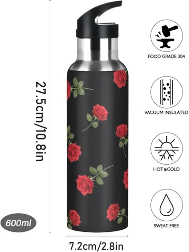 Vista 9 de Red Roses Green Leaves Black Insulated Water Bottle 20 Oz Leakproof Water Bottles, BPA-Free Sports Water Bottle with Straw