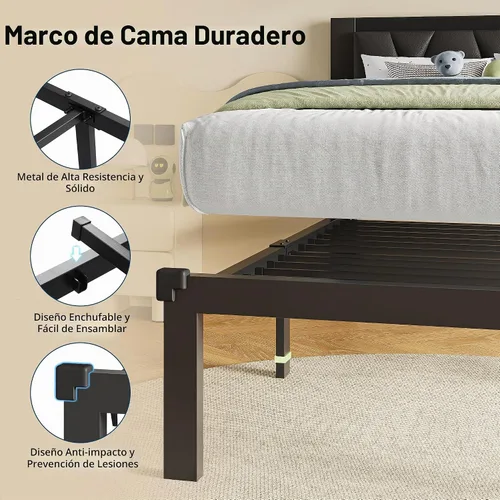 Vista 6 de GalnFu Marcos de Cama de Metal Twin, Marco de Cama de Plataforma Tapizado con Cabecera de Cuero Sintético con Botones Capitoné, No Se Necesita