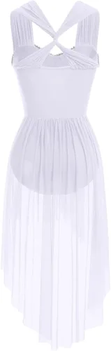 Vista 3 de AFAVOM Vestido de baile con lentejuelas para mujer, con tirantes cruzados, falda de malla fluida, disfraz de baile contemporáneo