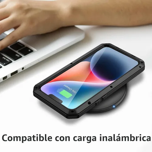 Vista 6 de Lanhiem Funda de metal para iPhone 14, resistente a los golpes, con protector de pantalla de vidrio integrado, 360º cuerpo completo a prueba de Negro