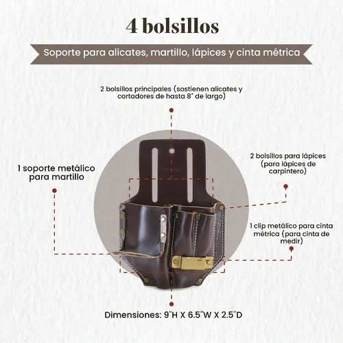 Vista 3 de Style N Craft Alicates de 4 bolsillos, martillo, lápices y soporte para cinta, bolsa de herramientas de cuero de grano completo, soporte