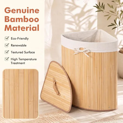 Vista 2 de GOFLAME Cesta esquinera de bambú para la ropa sucia con tapa y forro extraíble, cesta de almacenamiento con asa, adecuada para dormitorio, baño