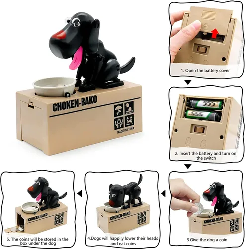 Vista 2 de Alcancía para cachorros, alcancía My Dog, bonita caja de dinero robótica de juguete para masticar monedas, ahorro de dinero, regalo (negro)