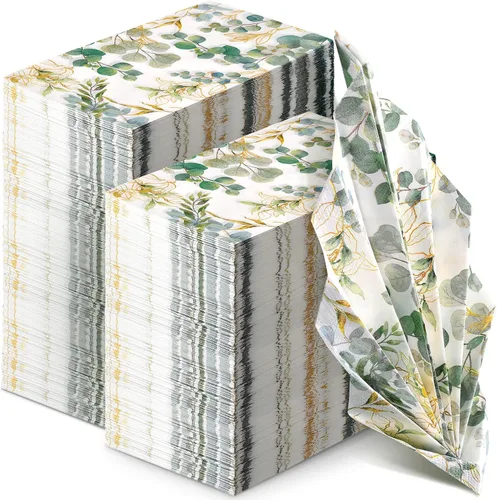 Vista 9 de Spiareal - 120 servilletas de papel verde de 3 capas desechables para invitados, toallas de mano para baño, hojas de eucalipto verdes, servilletas