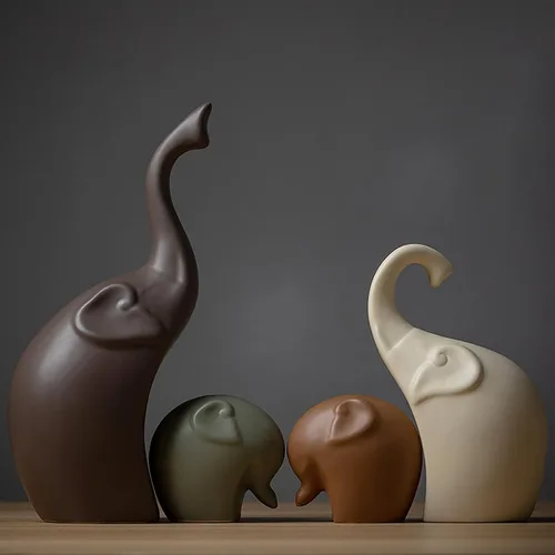 Vista 8 de Figura de estatua familiar de elefante de cerámica, mamá, papá y bebé, arte de animales, escultura de porcelana, decoración del hogar para sala