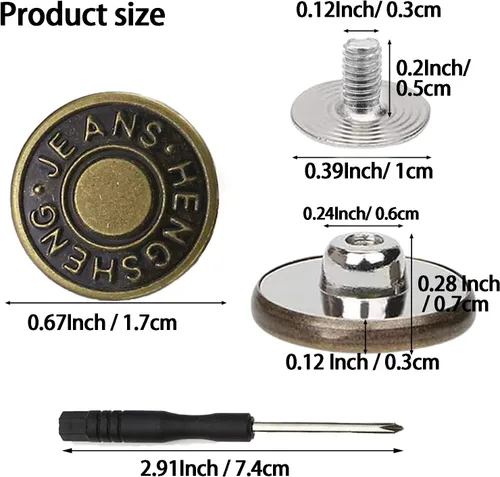 Vista 4 de YouOKLight Botones para jeans, 0.669 in sin clavos, botones de metal extraíbles de repuesto para reparación de remaches y destornilladores, 12