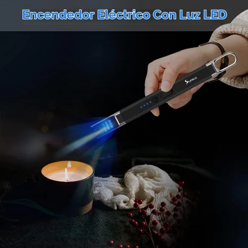 Vista 4 de SUPRUS Encendedor eléctrico de arco para velas, resistente al viento, sin llama, recargable por USB, con luz LED, para velas, camping, barbacoa Negro