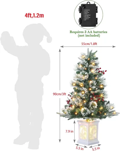 Vista 6 de Árbol de Navidad artificial preiluminado de 3 pies, árbol de Navidad de nieve flocada premium con LED blanco cálido, mini árbol de Navidad Base