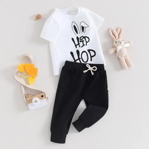 Vista 3 de Ledy Champswiin Trajes de Pascua para bebé, camiseta de manga corta con letras, tops y pantalones deportivos para niños pequeños, ropa de primavera