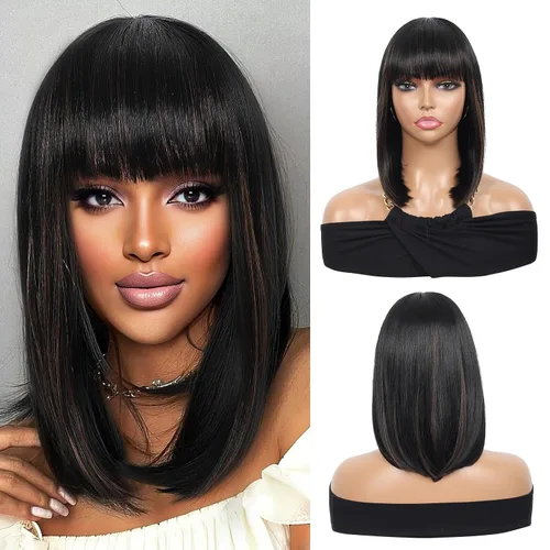 Vista 12 de Kalyss - Pelucas cortas de cabello negro con flequillo para mujer, peluca de cabello sintético completo, resistente al calor, peluca corta y recta