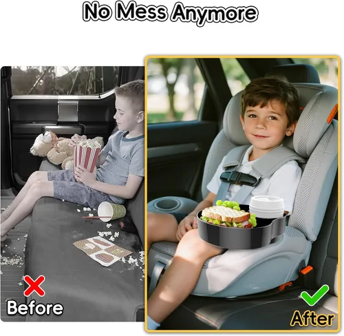 Vista 3 de Bandeja de asiento de automóvil para niños, bandeja de viaje con portavasos para niños pequeños, organizador de alimentos para asiento de automóvil