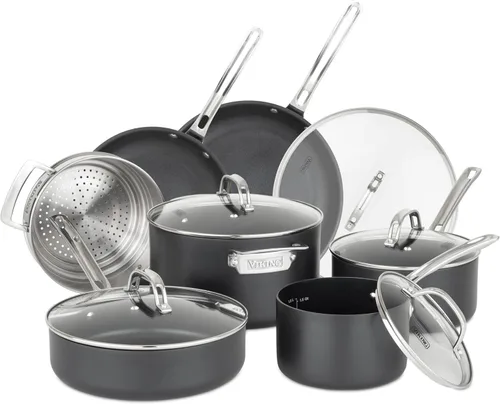 Vista 7 de Viking Juego de ollas y sartenes antiadherentes, 10 piezas de utensilios de cocina anodizados duros con tapas de vidrio, color negro