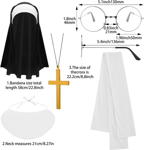Vista 2 de 6 piezas de accesorios de disfraz de sacerdote y monja de Halloween, sombrero de monja, collar blanco de monja, collar de sacerdote, gafas