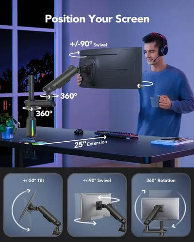 Vista 6 de HUANUO Brazo para monitor RGB de alta resistencia para pantallas ultraanchas de hasta 57", soporta 44 libras, soporte de monitor ultraancho alto