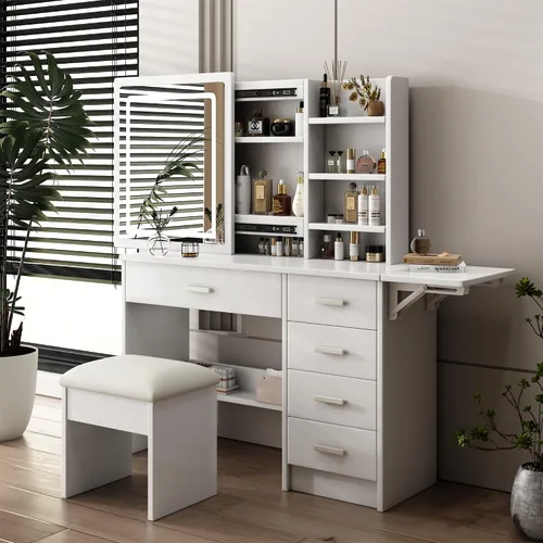 Vista 23 de Montary Mesa de tocador de maquillaje de 39 pulgadas con espejo iluminado con pantalla táctil, tocador de madera de goma con cajón grande