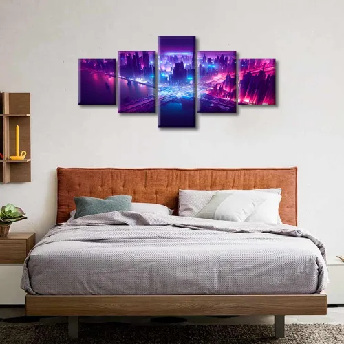 Vista 391 de Cuadros de 5 paneles de Cyberpunk City, arte de pared, representación de vallas publicitarias, edificios modernos en la capital con obras de arte