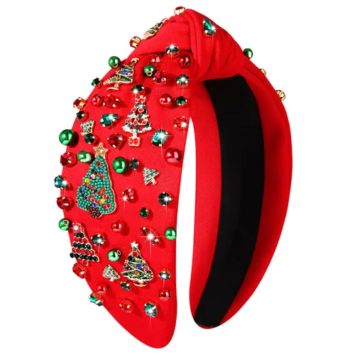 Vista 21 de Diadema de Navidad para mujer, accesorios de Navidad con cuentas, arco de Navidad, árbol, copo de nieve, diadema anudada HOHOHO, rojo y verde, perla