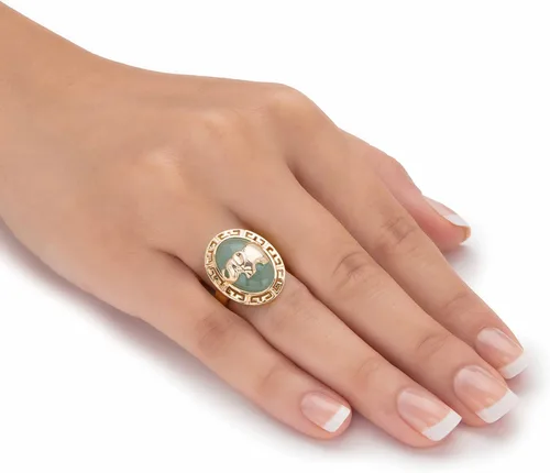 Vista 3 de PalmBeach Yellow Gold-plated Sterling Silver Oval Shaped Genuine Green Jade Elephant Ring Sizes 6-10