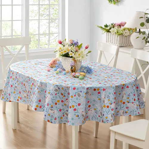 Vista 10 de Newbridge Blue Easter Cotton Tail Bunny Party 52 x 52 inch Square Vinyl Tablecloth with Flannel Backing, Bunny Rabbit, Easter Eggs and Floral Design