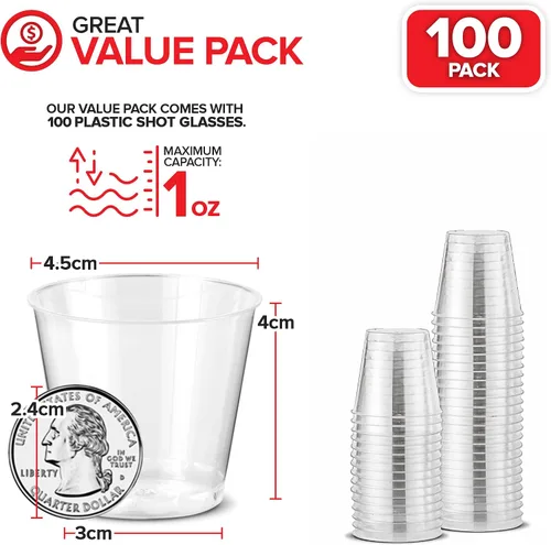 Vista 2 de Stock Your Home Paquete de 100 vasos de chupito de plástico (1 onza), vasos desechables transparentes para chupitos de gelatina, degustación