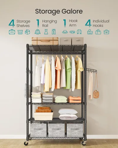 Vista 3 de SONGMICS ULGR418BH01 - Perchero de ropa con ruedas rodantes, con estantes de malla ajustables y rieles para colgar, ganchos, 15.8 x 35.4 x 78.3