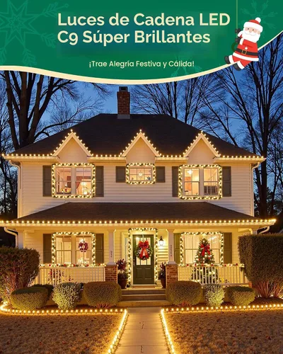 Vista 5 de Luces de Navidad C9 para exteriores con 100 clips de resorte de 65 pies, 100 LED, cadena de luces C9 impermeable conectable para casa, techo, patio