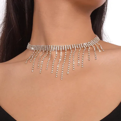 Vista 2 de Dcfywl731 Gargantilla con borlas de diamantes de imitación, collares de cristal multicapa, cadena de tenis brillante, collar con flecos para mujer