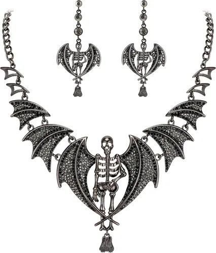 Vista 7 de EVER FAITH Conjunto de pendientes de collar de murciélago de calavera de Halloween estilo gótico de cristal austriaco