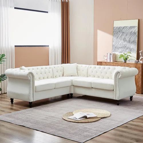 Vista 24 de Juego de Sofá Combinado de Terciopelo Chesterfield de 2 Piezas para Sala de Estar, Sofá de 3 Plazas y Loveseat con Tapizado Capitoné con 4
