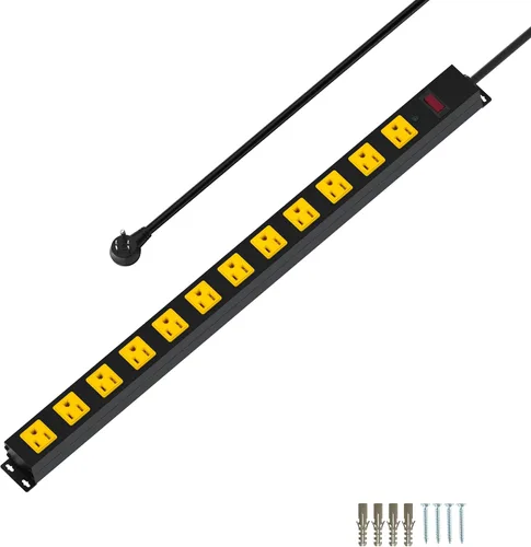 Vista 9 de Regleta de alimentación de metal para montaje de 12 tomas, protector de sobretensiones, cable resistente de gran espacio y montaje en pared