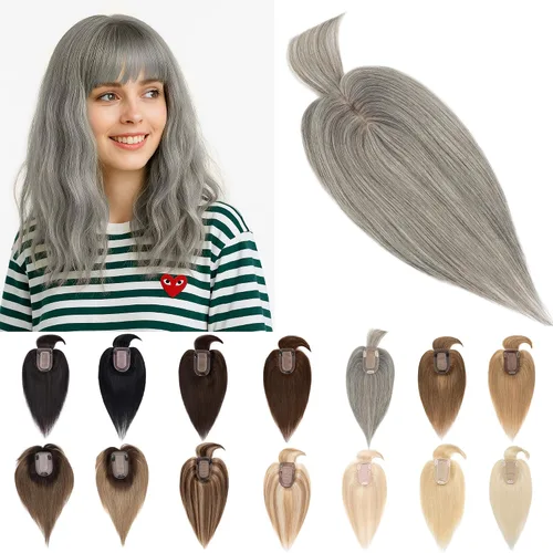 Vista 26 de SEGO Toppers para el cabello para mujer, cabello humano real con flequillo, 2.8 x 5.1 in, base de seda, 100% cabello humano Remy, clip en la parte