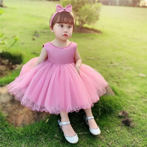 Vista 4 de NSSMWTTC 6M-6T Vestido de concurso sin espalda para bebé, vestido de tutú para niñas pequeñas, vestidos de flores con gorro