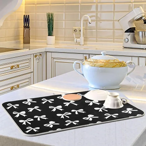 Vista 6 de Tapete de secado de platos Wamika con lazo negro para encimera de cocina 16x18, lazo de moño coqueto, tapete rectangular pequeño de secado