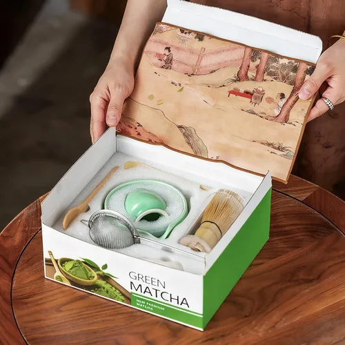 Vista 3 de Juego de batidor de matcha, cuenco de matcha con boquilla, soporte para cepillo de té, tamiz de acero inoxidable, soporte para batidor de matcha
