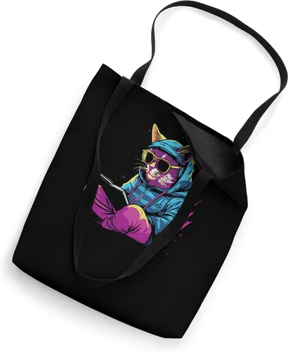 Vista 2 de Cat Books Kitten - Pet Owner Feline Synthwave Cat Tote Bag