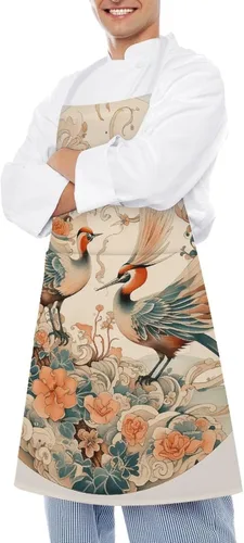 Vista 4 de MUSM Apron for Adults - 27.6 X 31.5 Inch, Heavy-Duty Polyester Aprons with Two Large Pockets, Waterproof Painted Bird Pattern Kitchen Apron for