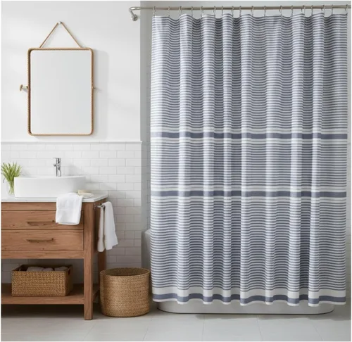 Vista 19 de Serafina Home Cortina de ducha de tela blanca y negra a rayas náuticas: hotel de lujo 100% algodón con tejido decorativo detallado para baño 70 "x