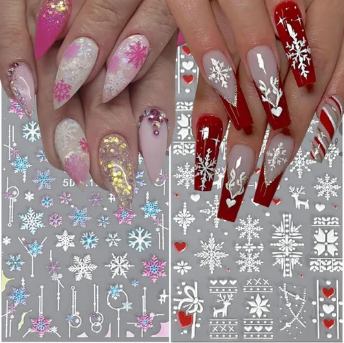 Vista 6 de 8 hojas de calcomanías de uñas de Navidad, copos de nieve 5D en relieve, copos de nieve blancos, árbol, alce, Navidad, invierno, diseño de copos