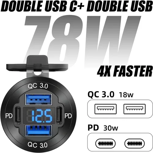 Vista 2 de Cargador USB 12V mejorado con 4 puertos - Toma de corriente para coche de aleación de aluminio con voltímetro LED para coches, carritos de golf